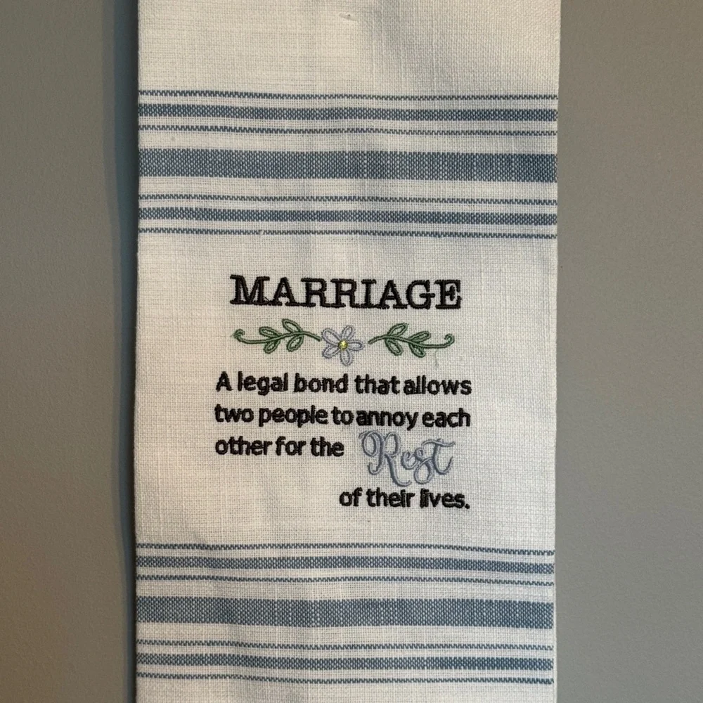Embroidered 'Marriage' Kitchen Towel in White and Blue